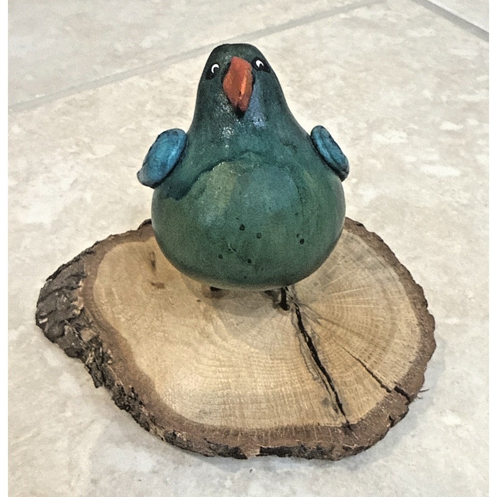 Hand Carved Hand Painted Teal Bird Metal Legs Perched on Wood Folk Art Unsigned